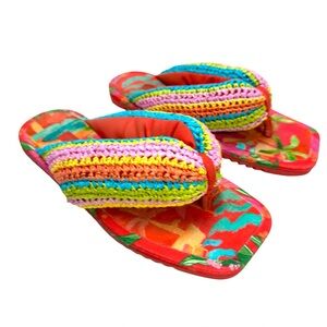 FARM Rio Multicolor Crochet Strap Floral Red Slide Sandals